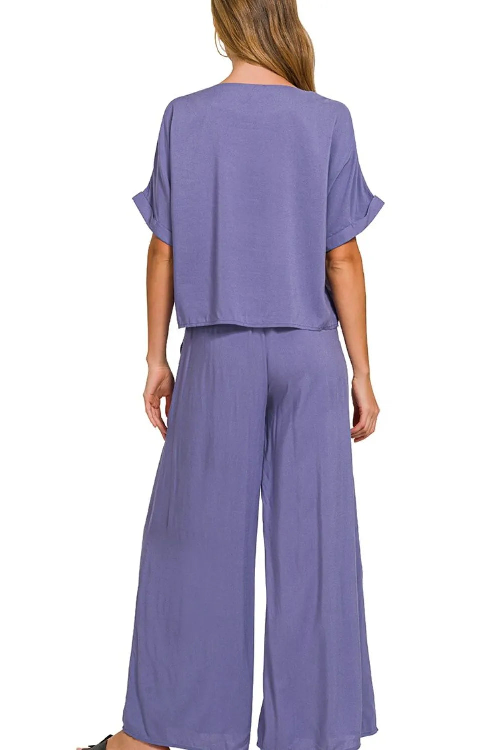 Zenana Round Neck T-Shirt and Wide Leg Pants Set on Simply Obsessed