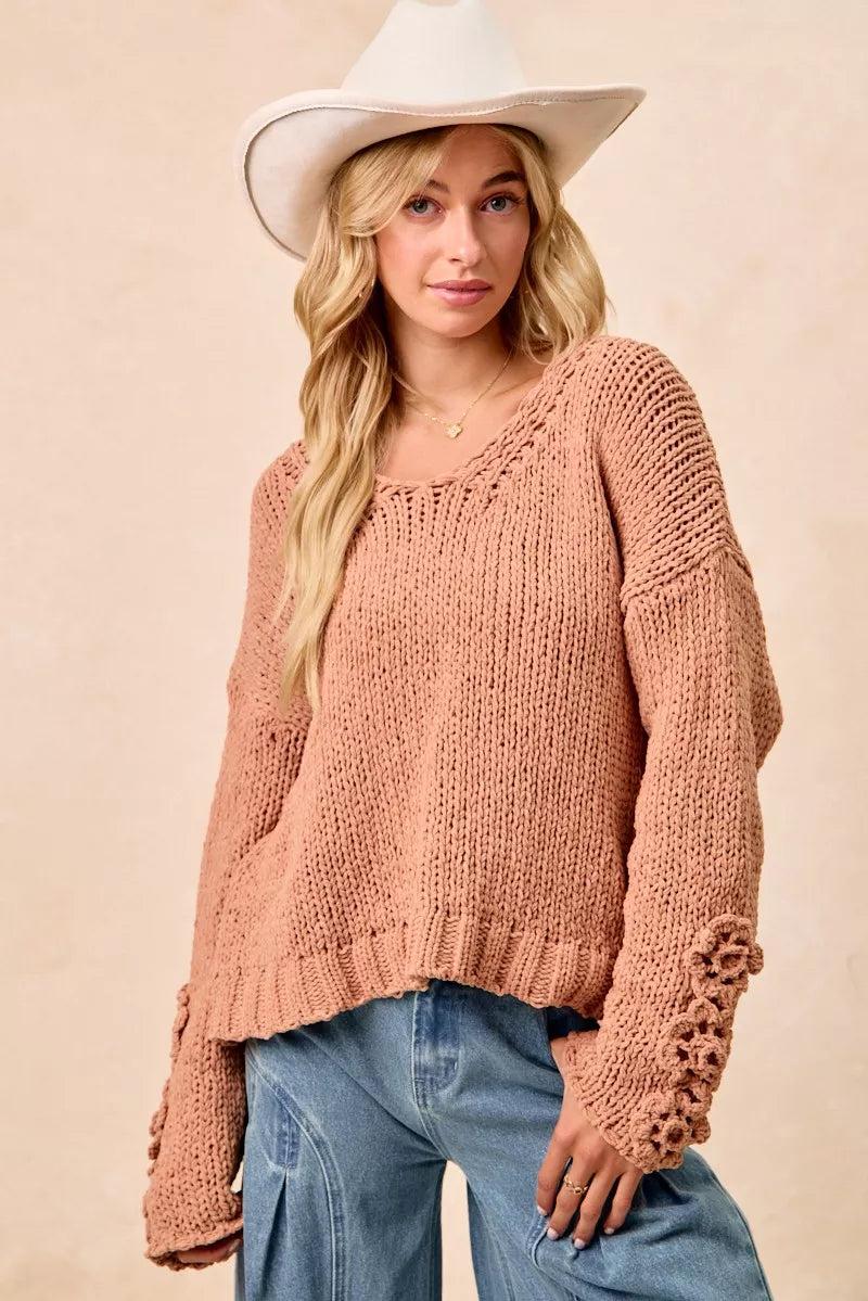 BiBi Chunky Knit Sweater with Flower Detail Sleeves on Simply Obsessed