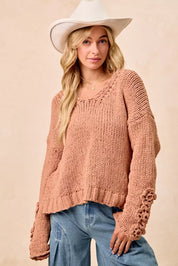 BiBi Chunky Knit Sweater with Flower Detail Sleeves on Simply Obsessed