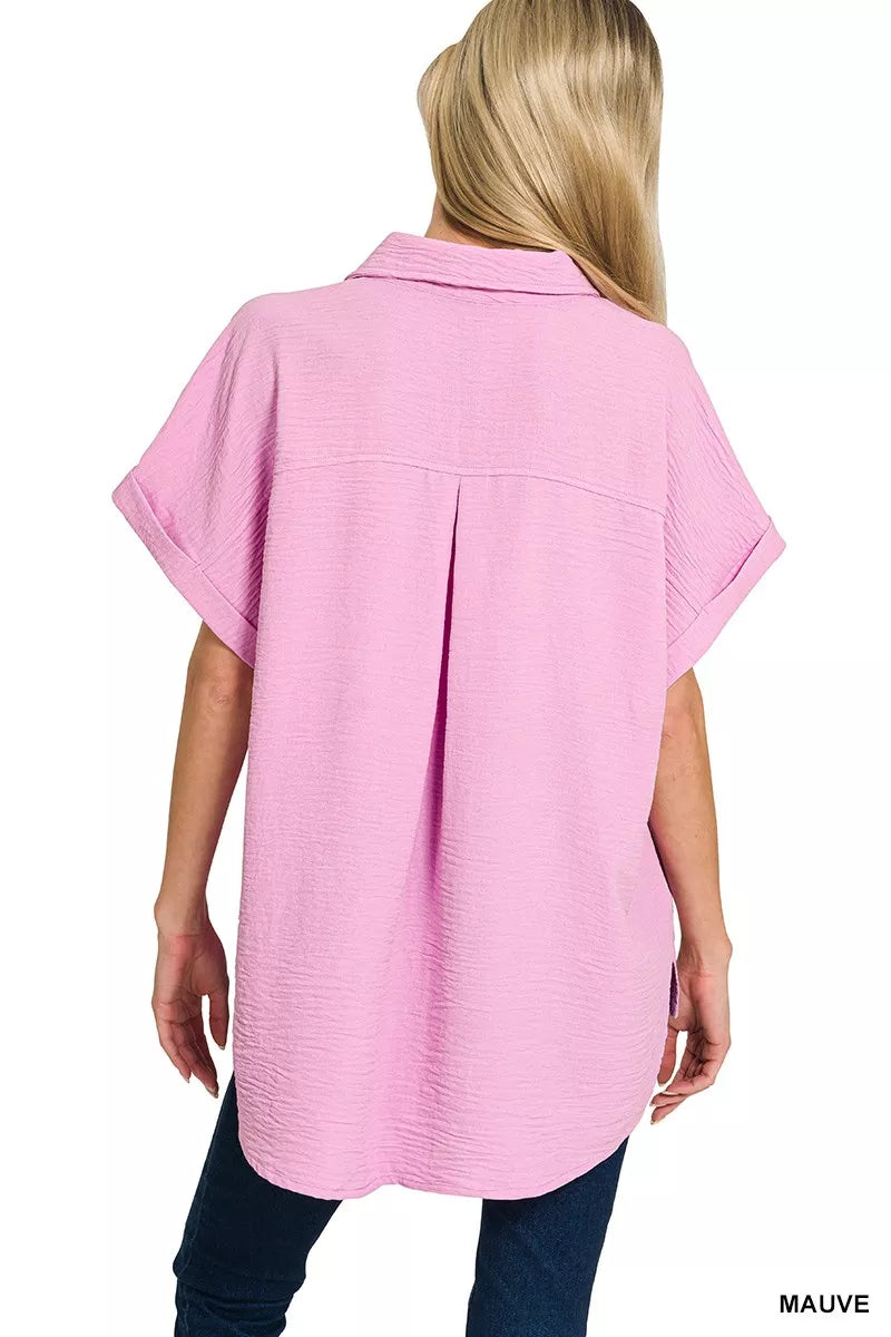 ZENANA Woven Airflow Button Down Shirt on Simply Obsessed