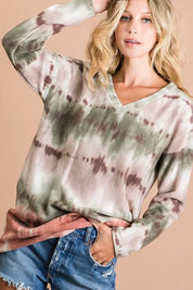 BIBI Brushed Tie Dye Looking Print V Neck Top on Simply Obsessed