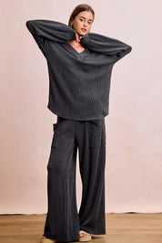 BIBI Two Tone Cord Rib Contrast Stitching V-Neck Top and Pants Set on Simply Obsessed