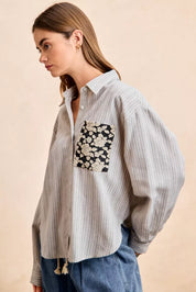 BiBi Flower Jacquard Knit Patch Pocket Stripe Shirt on Simply Obsessed