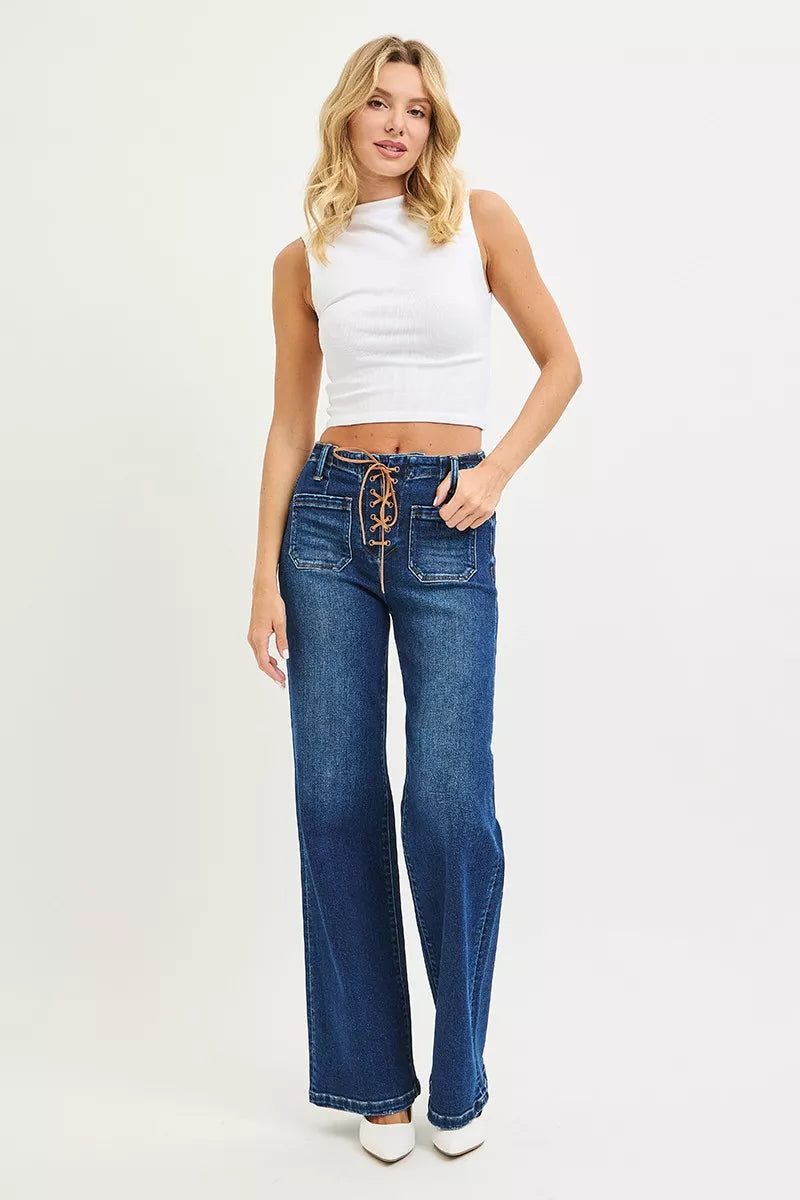 RISEN Full Size High Rise Wide Leg Jeans with Front Tie Detail Plus Size on Simply Obsessed