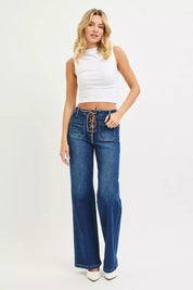 RISEN Full Size High Rise Wide Leg Jeans with Front Tie Detail Plus Size on Simply Obsessed