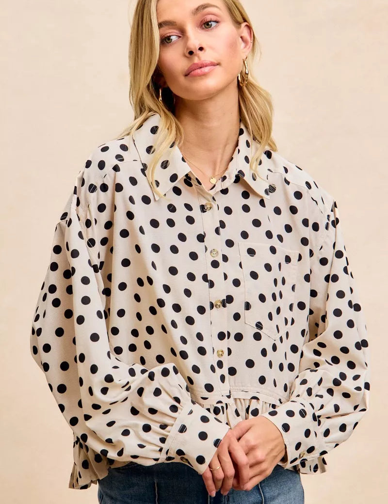 BiBi Crinkle Polka Dot Ruffled Hem Button Up Shirt Top on Simply Obsessed