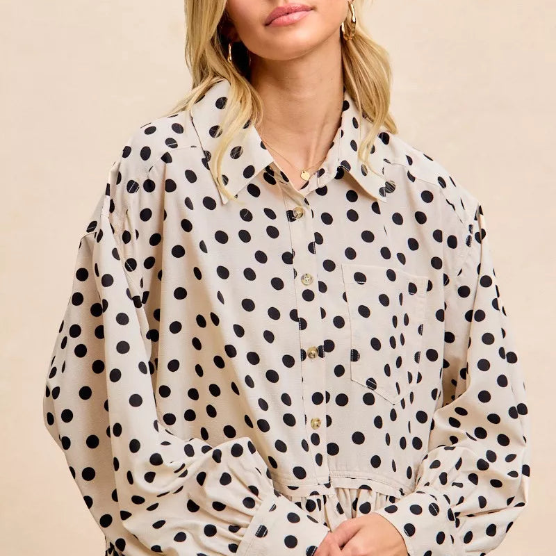 BiBi Crinkle Polka Dot Ruffled Hem Button Up Shirt Top on Simply Obsessed
