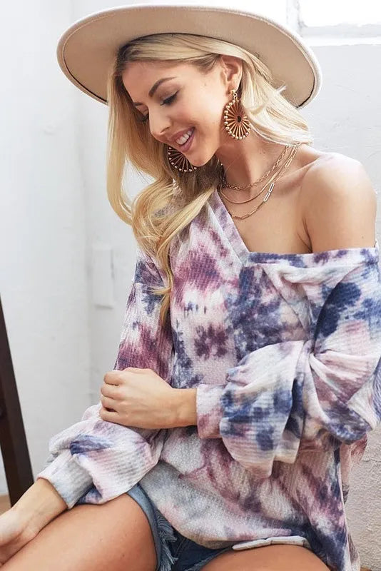 BIBI Tie-Dye V-Neck Long Sleeve Waffle Top on Simply Obsessed