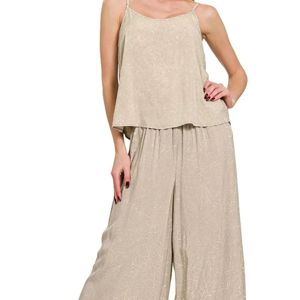 ZENANA Woven Acid Crinkle Washed Cami & Pants 2 Piece Set on Simply Obsessed