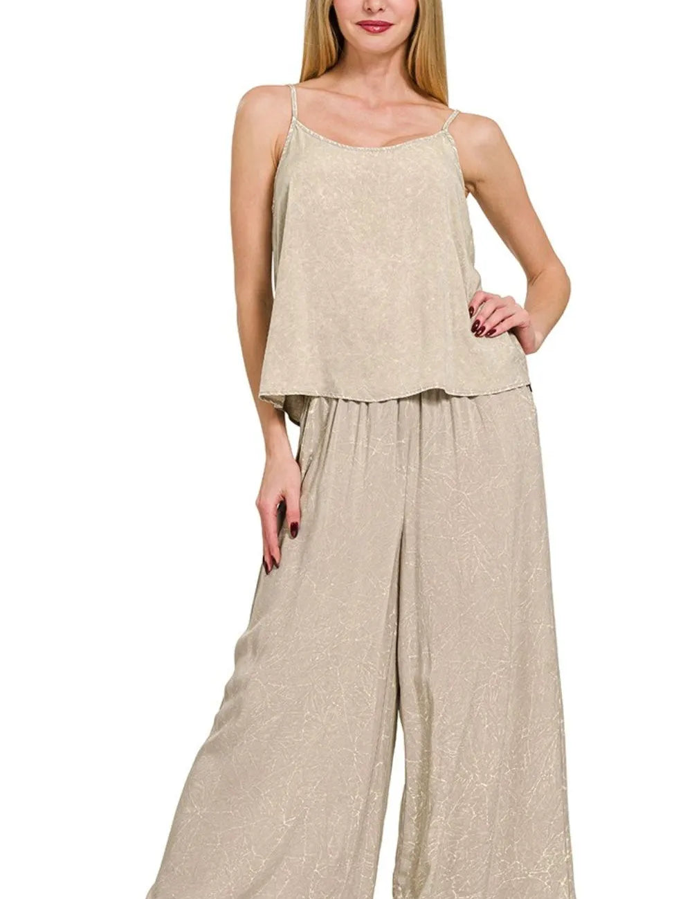 ZENANA Woven Acid Crinkle Washed Cami & Pants 2 Piece Set on Simply Obsessed