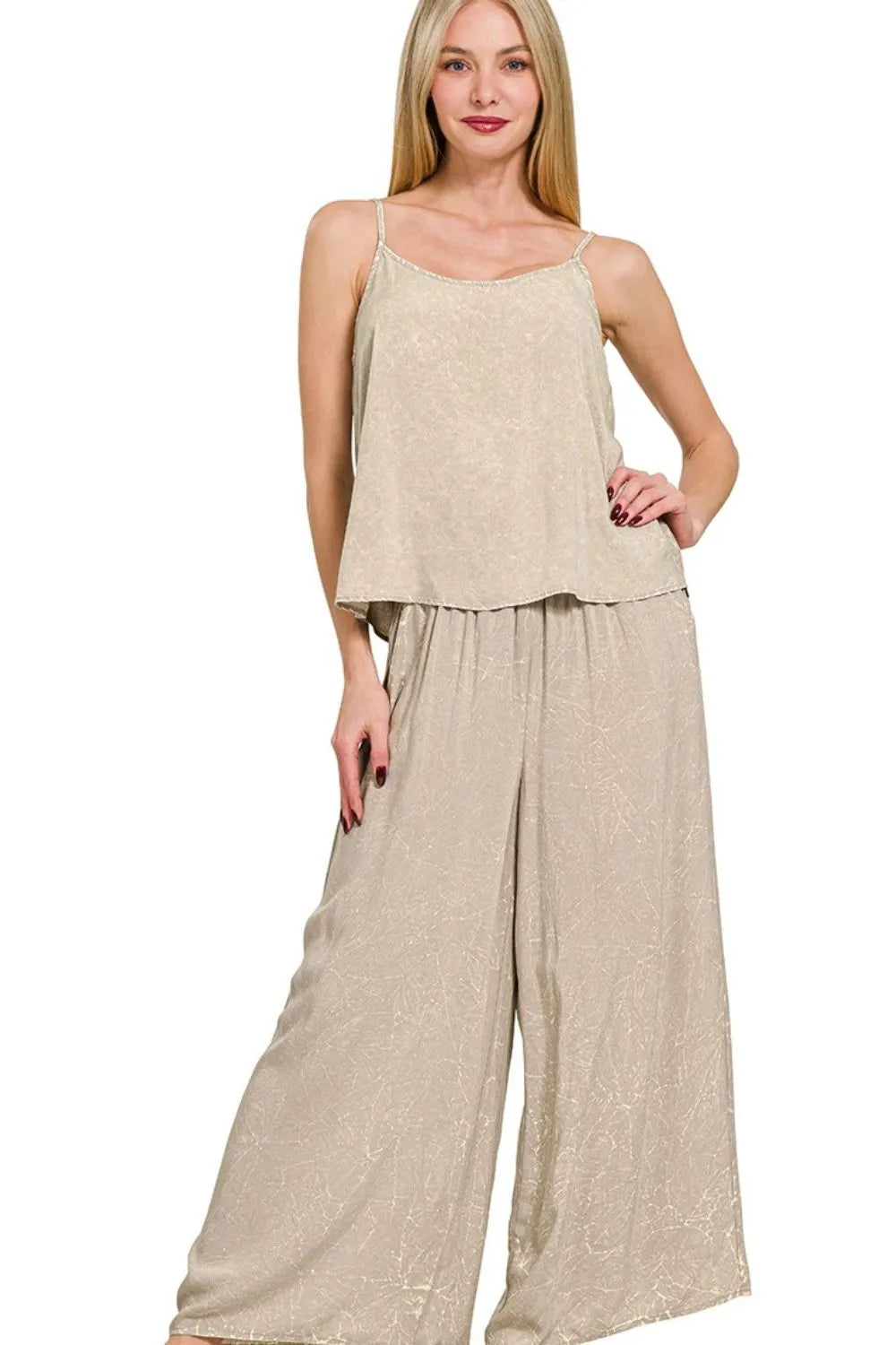 ZENANA Woven Acid Crinkle Washed Cami & Pants 2 Piece Set on Simply Obsessed