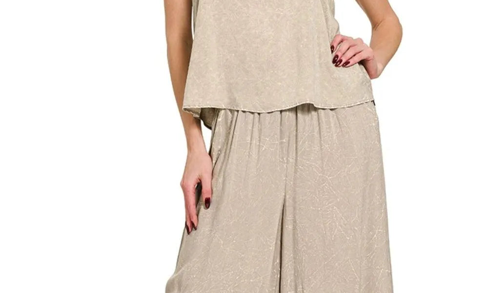 ZENANA Woven Acid Crinkle Washed Cami &amp; Pants 2 Piece Set on Simply Obsessed