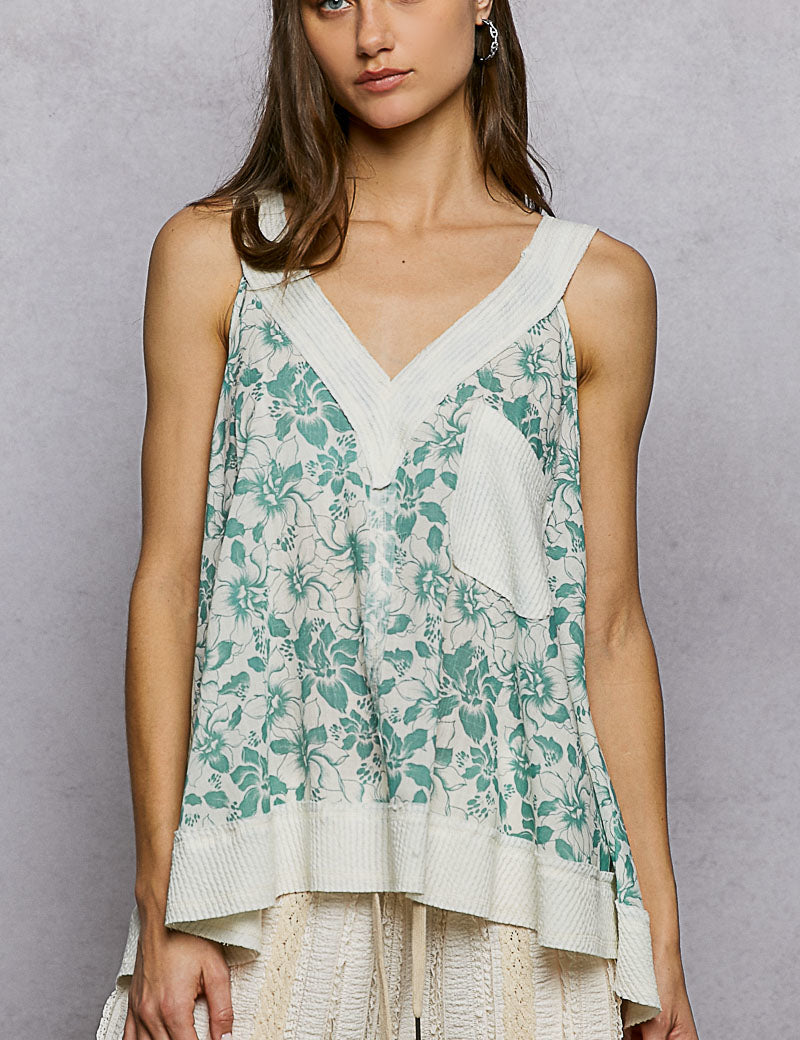 POL Floral V-Neck Tank with Front Pocket on Simply Obsessed