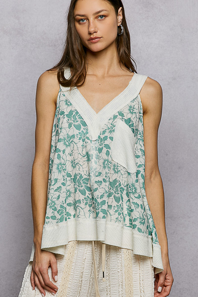 POL Floral V-Neck Tank with Front Pocket on Simply Obsessed