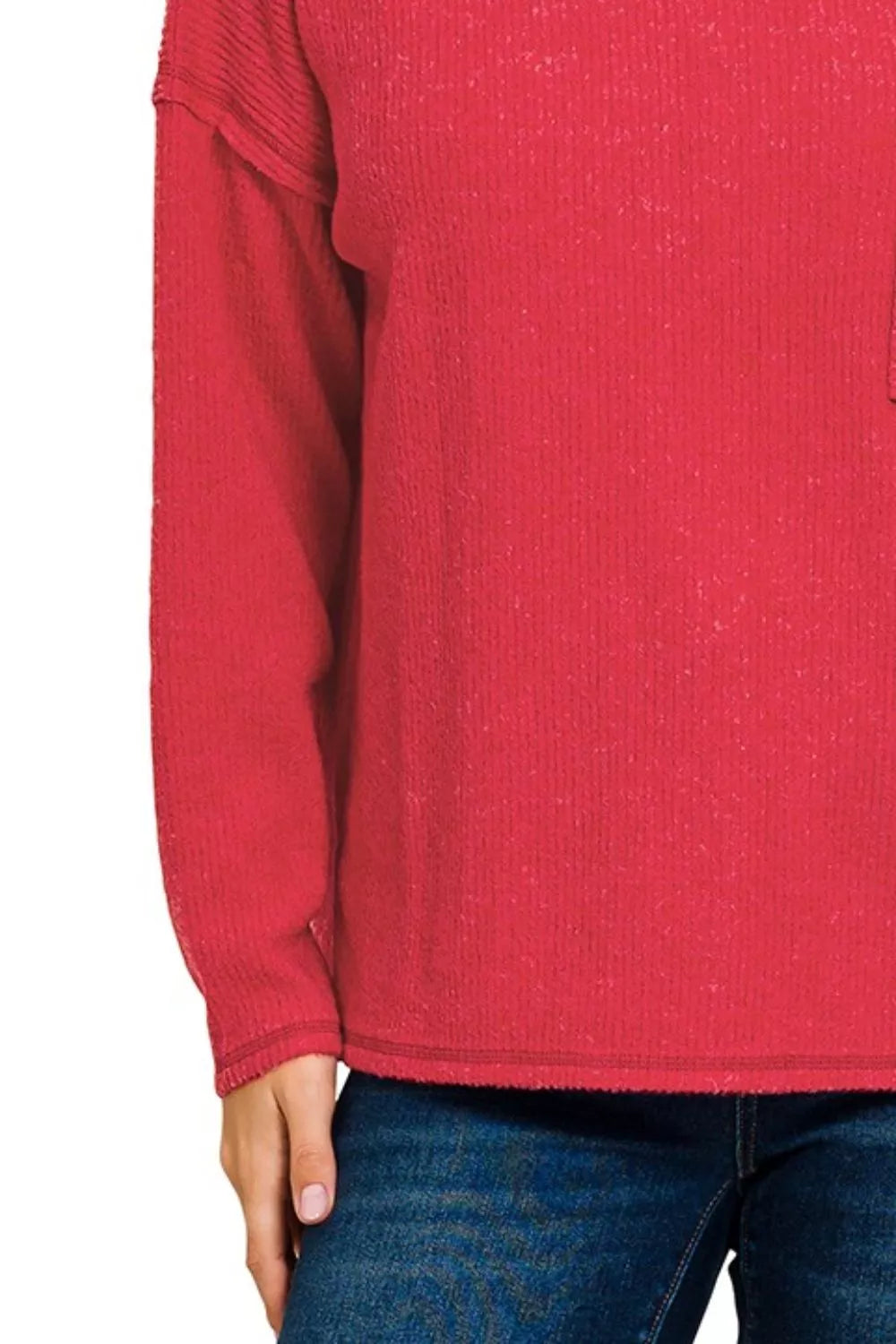 Zenana Ribbed Brushed Melange Hacci Sweater with Chest Pocket on Simply Obsessed