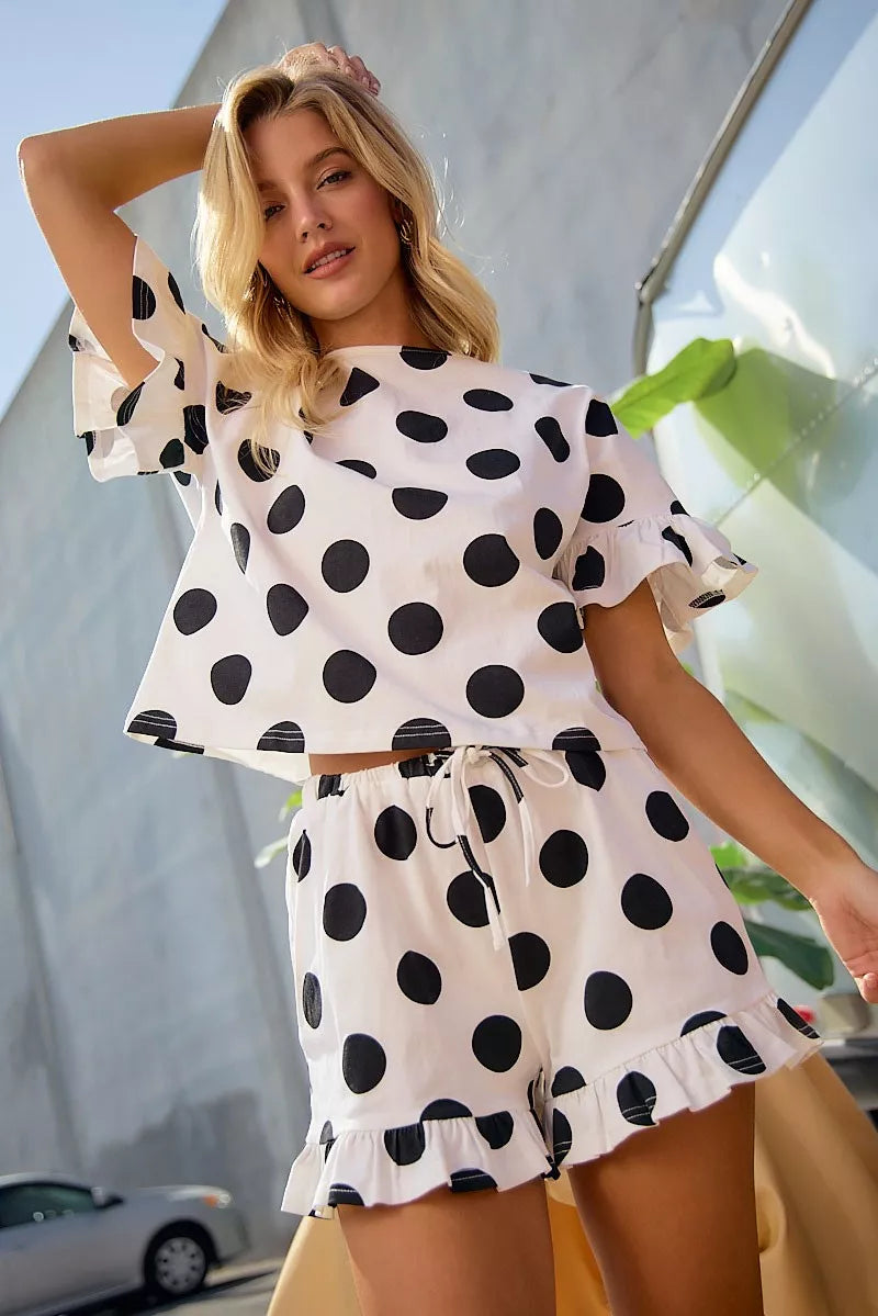 BIBI Polka Dots Printed Ruffled Detail Top And Shorts Set **DOORBUSTER** on Simply Obsessed