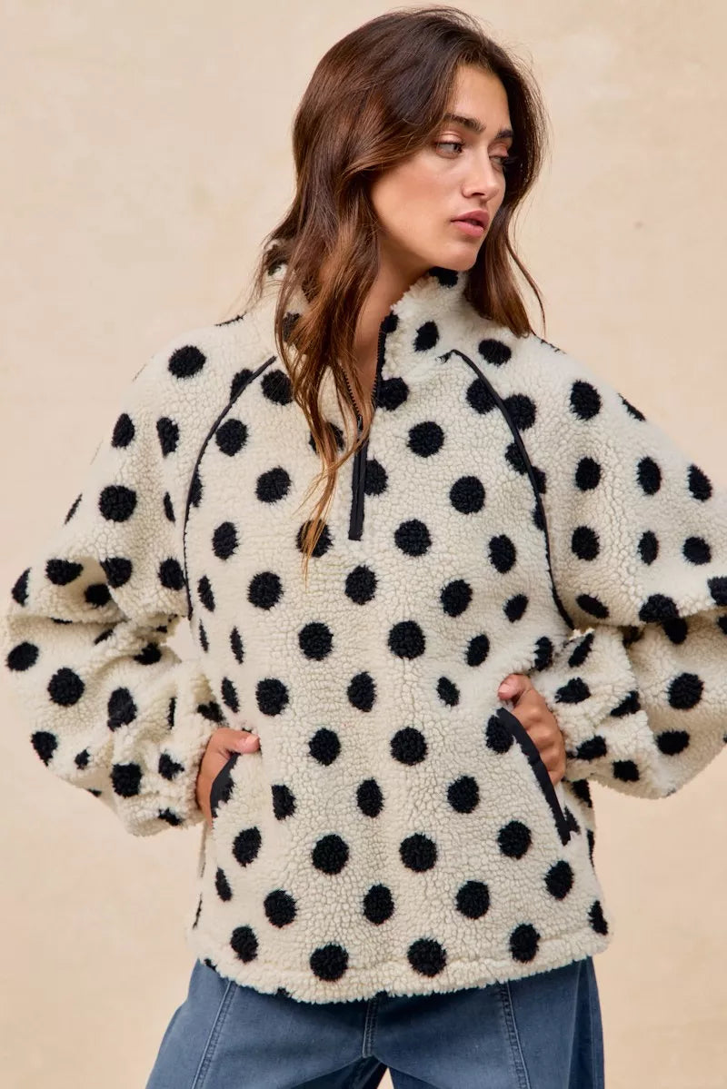 BIBI Polka Dot Sherpa Half Zip Up Top with Side Pocket on Simply Obsessed