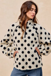 BIBI Polka Dot Sherpa Half Zip Up Top with Side Pocket on Simply Obsessed
