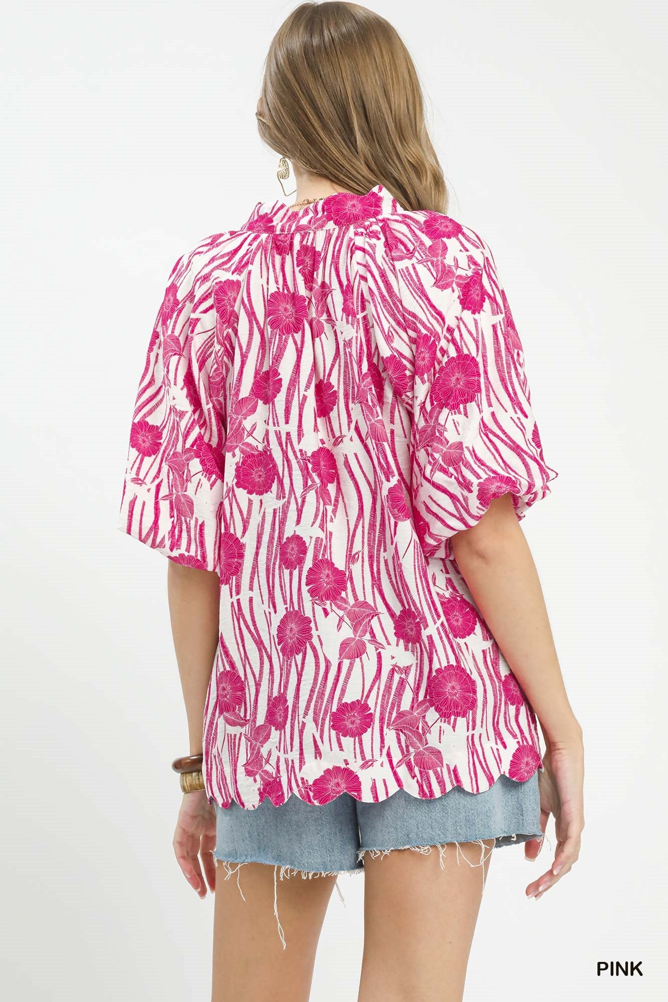 UMGEE Floral Scalloped Edge Puff Sleeve Blouse with High-Low Curved Hem **DEBUT SALE** on Simply Obsessed