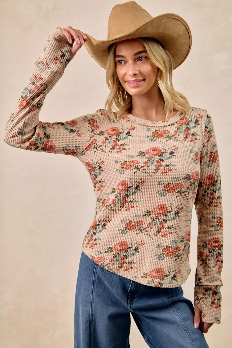BIBI Floral Print Washed Waffle Thermal Top with Thumb on Simply Obsessed