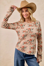 BIBI Floral Print Washed Waffle Thermal Top with Thumb on Simply Obsessed