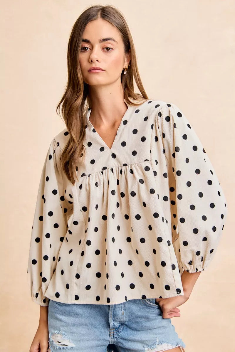BIBI Polka Dot Corduroy Quarter Sleeves V Neck Blouse on Simply Obsessed