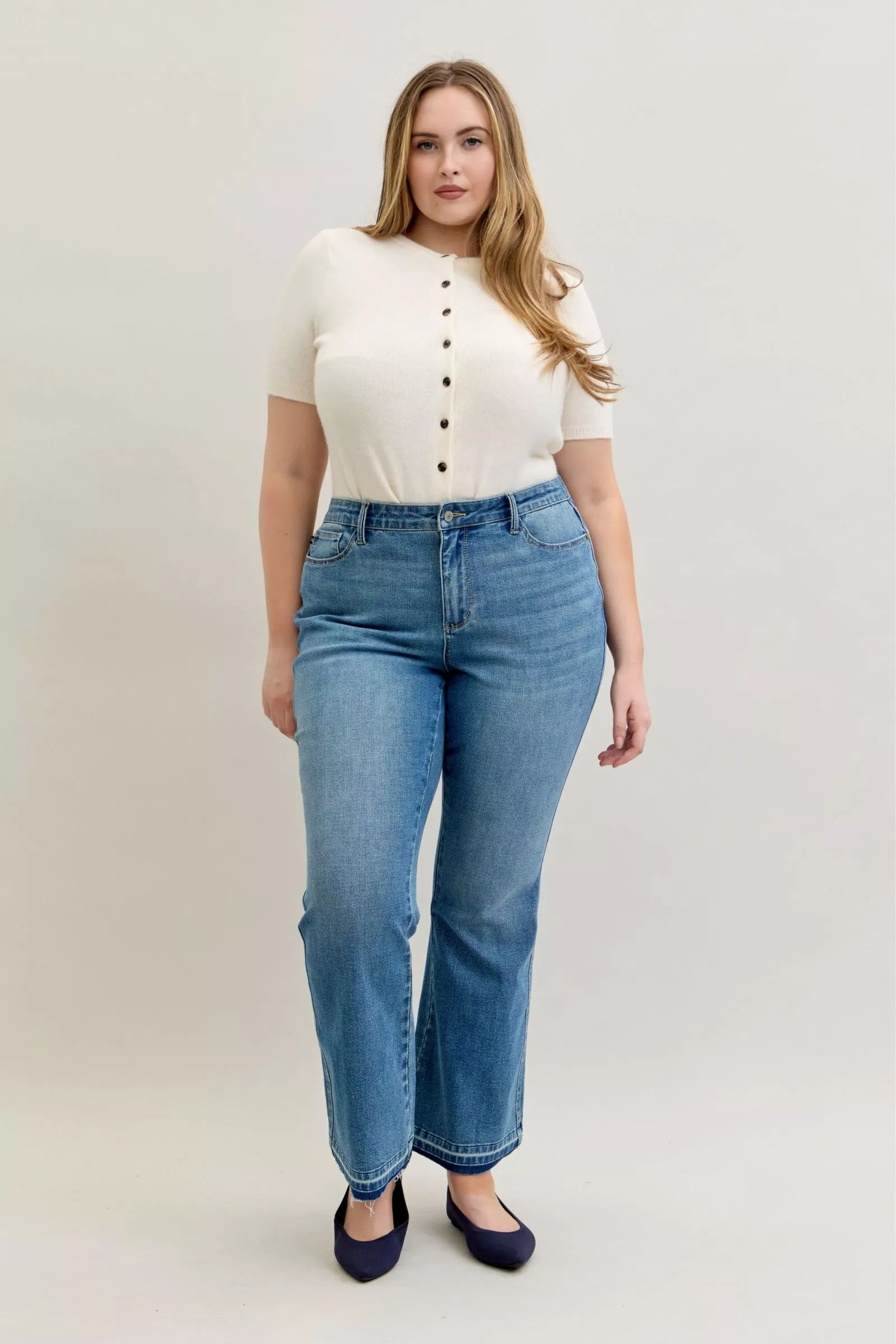 Judy Blue Full Size Mid Rise Slim Bootcut Tummy Control Release Hem Jeans Plus Size on Simply Obsessed