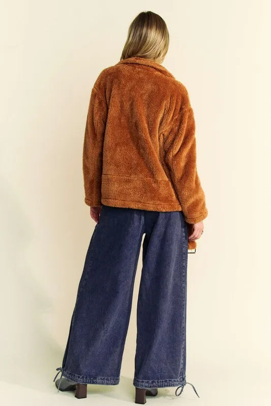 DAVI & DANI Fuzzy Zip Up Collared Neck Jacket on Simply Obsessed