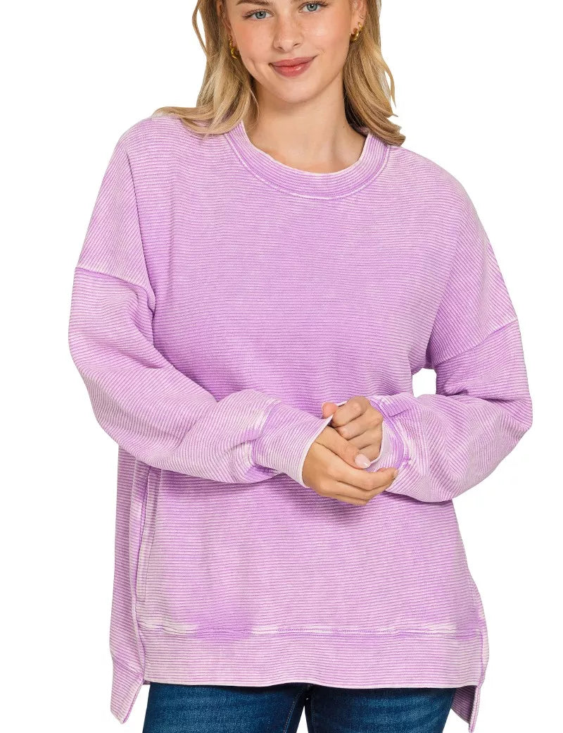 ZENANA Acid Washed Double Ribbed Hi-low Sweatshirt on Simply Obsessed