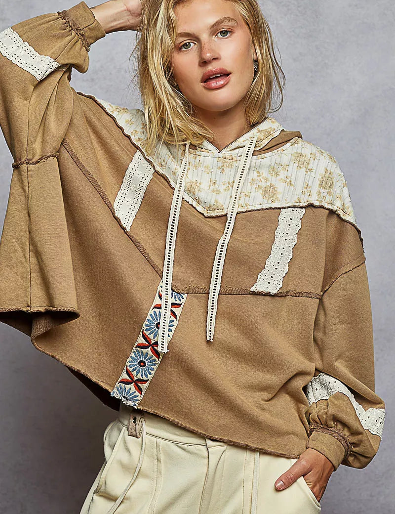 POL Drawstring French Terry Hoodie with Gauze Print Patch. **FALL DEBUT SALE** on Simply Obsessed