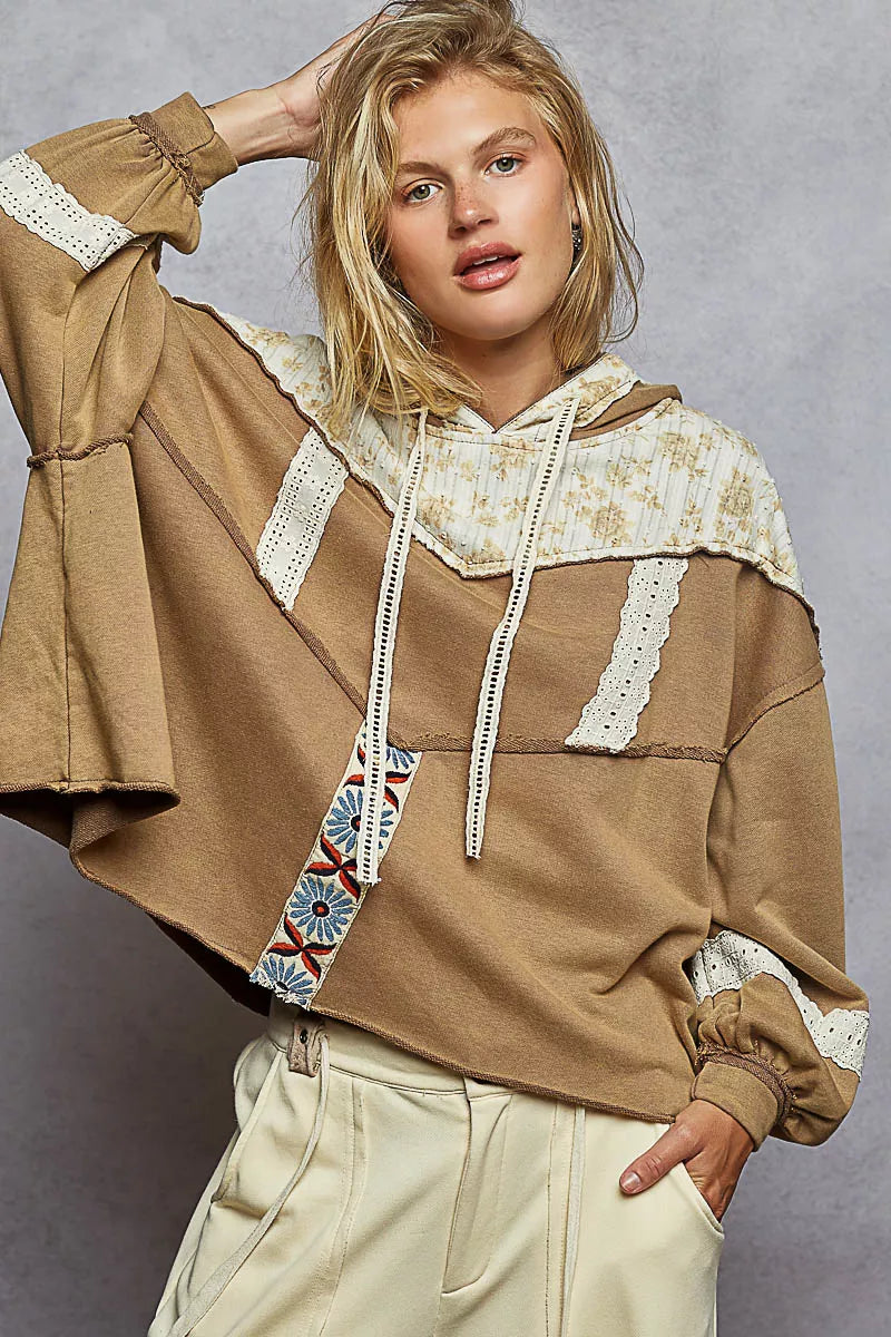 POL Drawstring French Terry Hoodie with Gauze Print Patch. **FALL DEBUT SALE** on Simply Obsessed