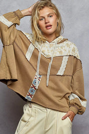 POL Drawstring French Terry Hoodie with Gauze Print Patch. **FALL DEBUT SALE** on Simply Obsessed