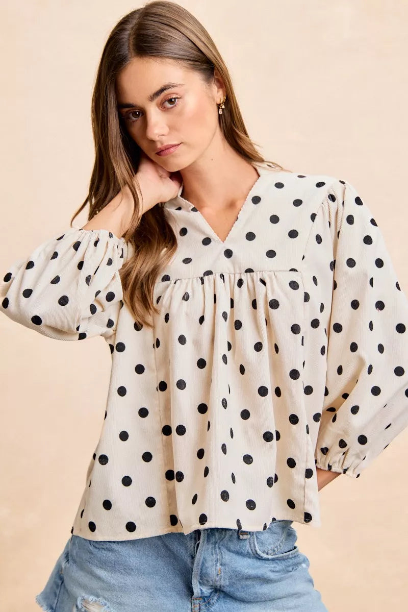 BIBI Polka Dot Corduroy Quarter Sleeves V Neck Blouse on Simply Obsessed