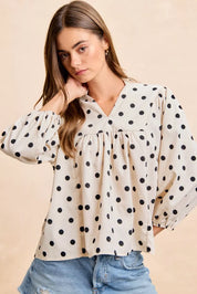BIBI Polka Dot Corduroy Quarter Sleeves V Neck Blouse on Simply Obsessed