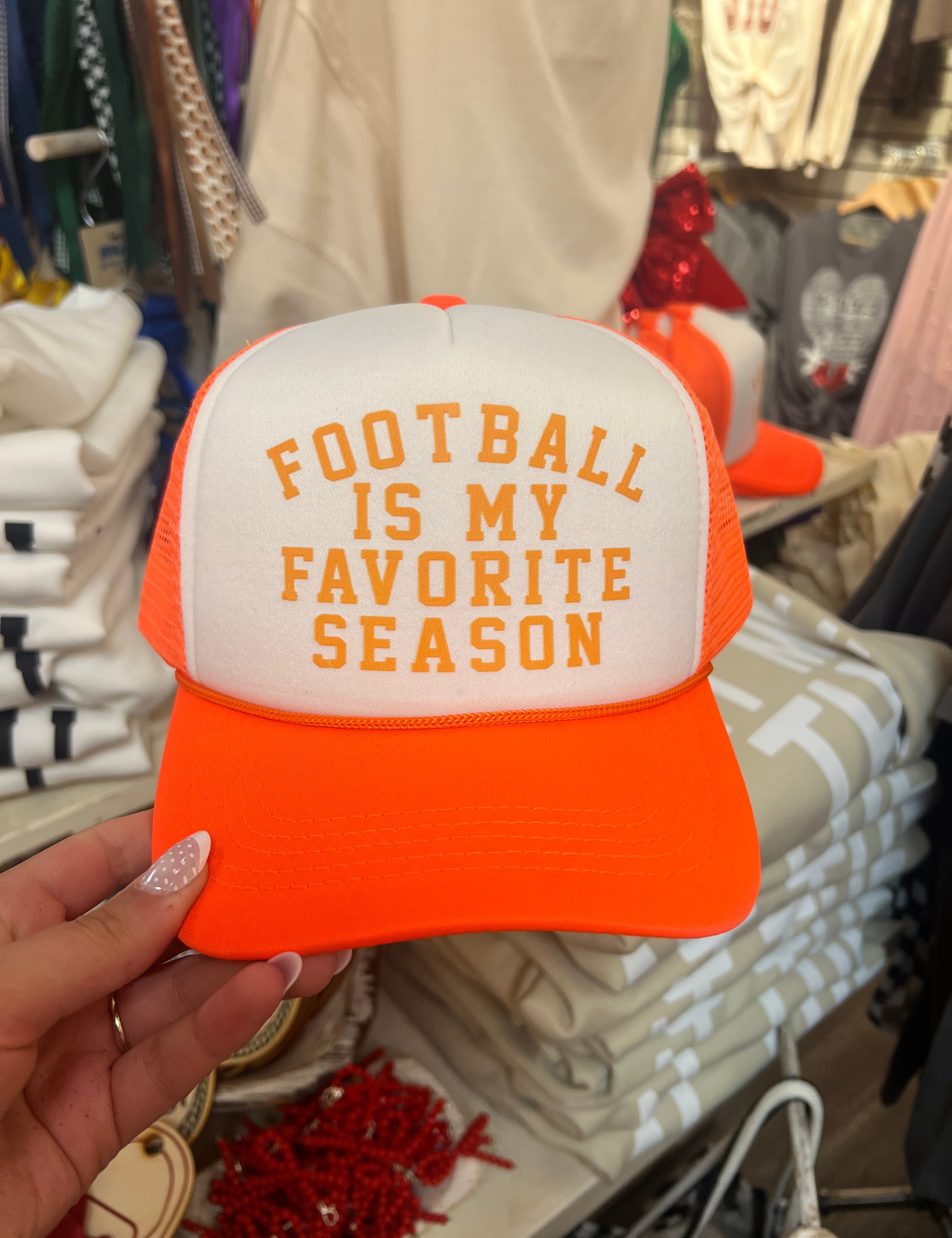 KIG Football Is My Favorite Season Orange Trucker Hat on Simply Obsessed
