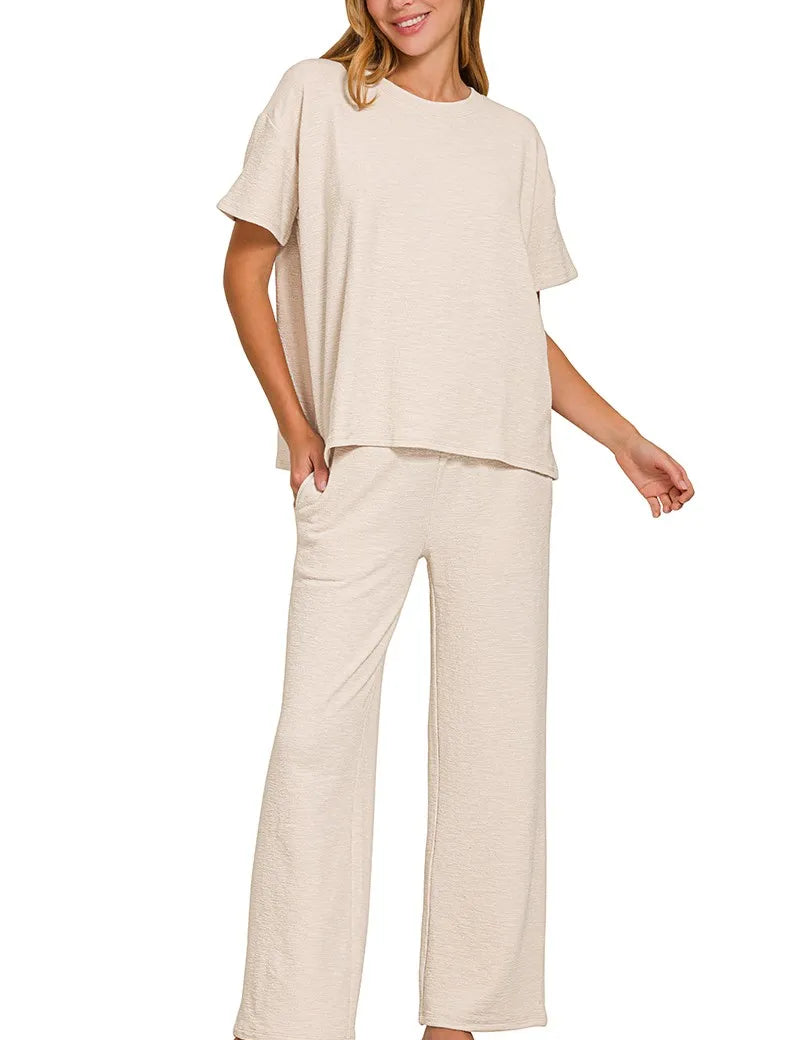 ZENANA Slub Short Sleeve T-Shirt and Pants Set on Simply Obsessed