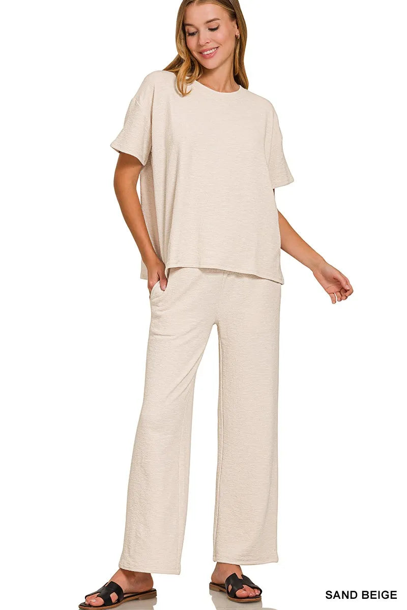 ZENANA Slub Short Sleeve T-Shirt and Pants Set on Simply Obsessed