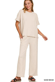 ZENANA Slub Short Sleeve T-Shirt and Pants Set on Simply Obsessed