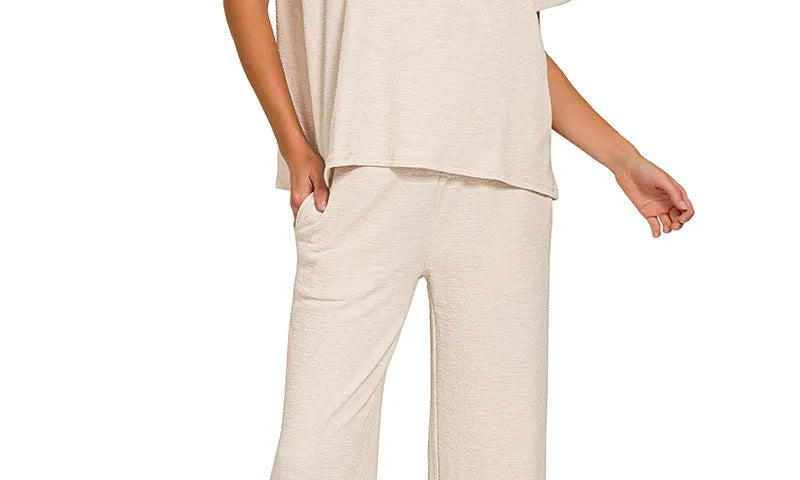 ZENANA Slub Short Sleeve T-Shirt and Pants Set on Simply Obsessed