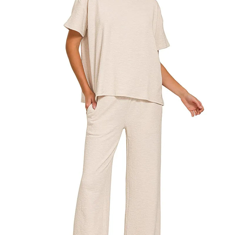 ZENANA Slub Short Sleeve T-Shirt and Pants Set on Simply Obsessed