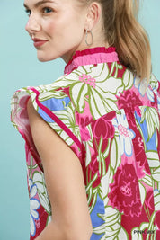 UMGEE Bold Floral Flutter Sleeve Top on Simply Obsessed