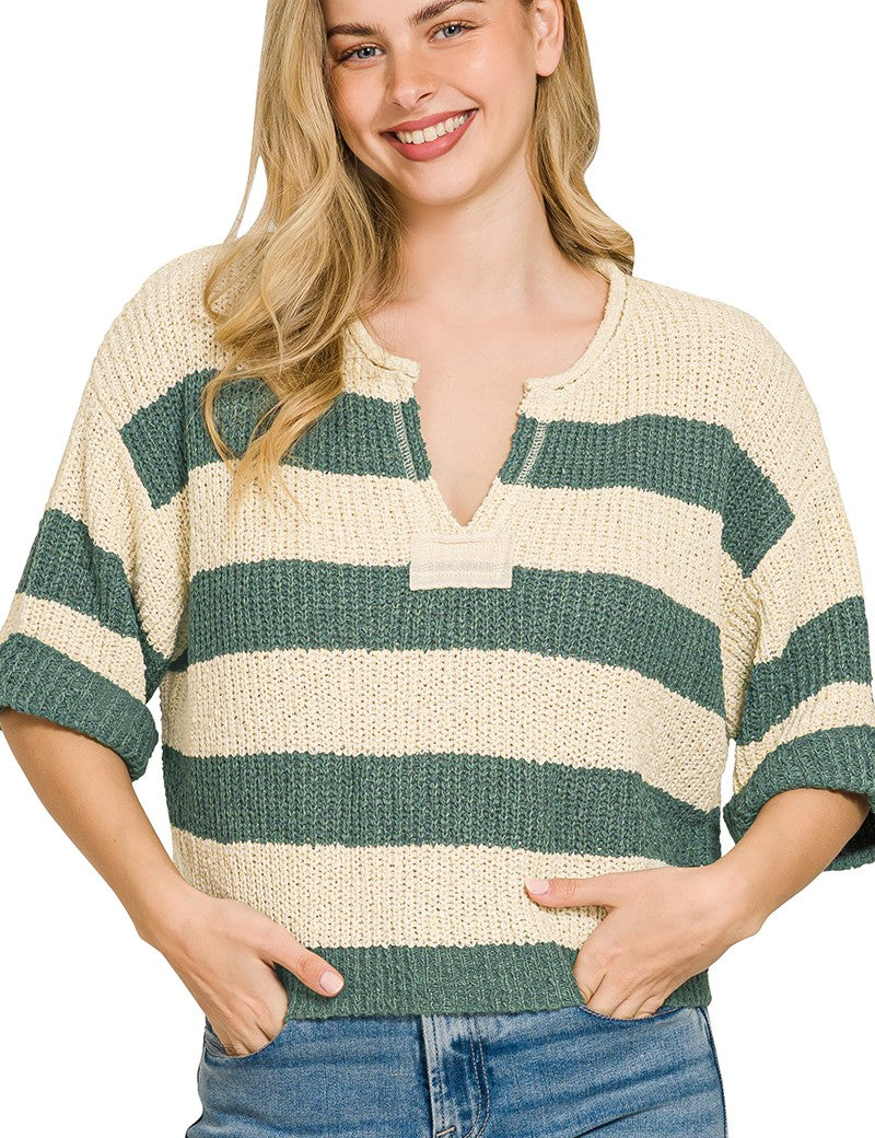ZENANA Split Neck Stripe Sweater on Simply Obsessed