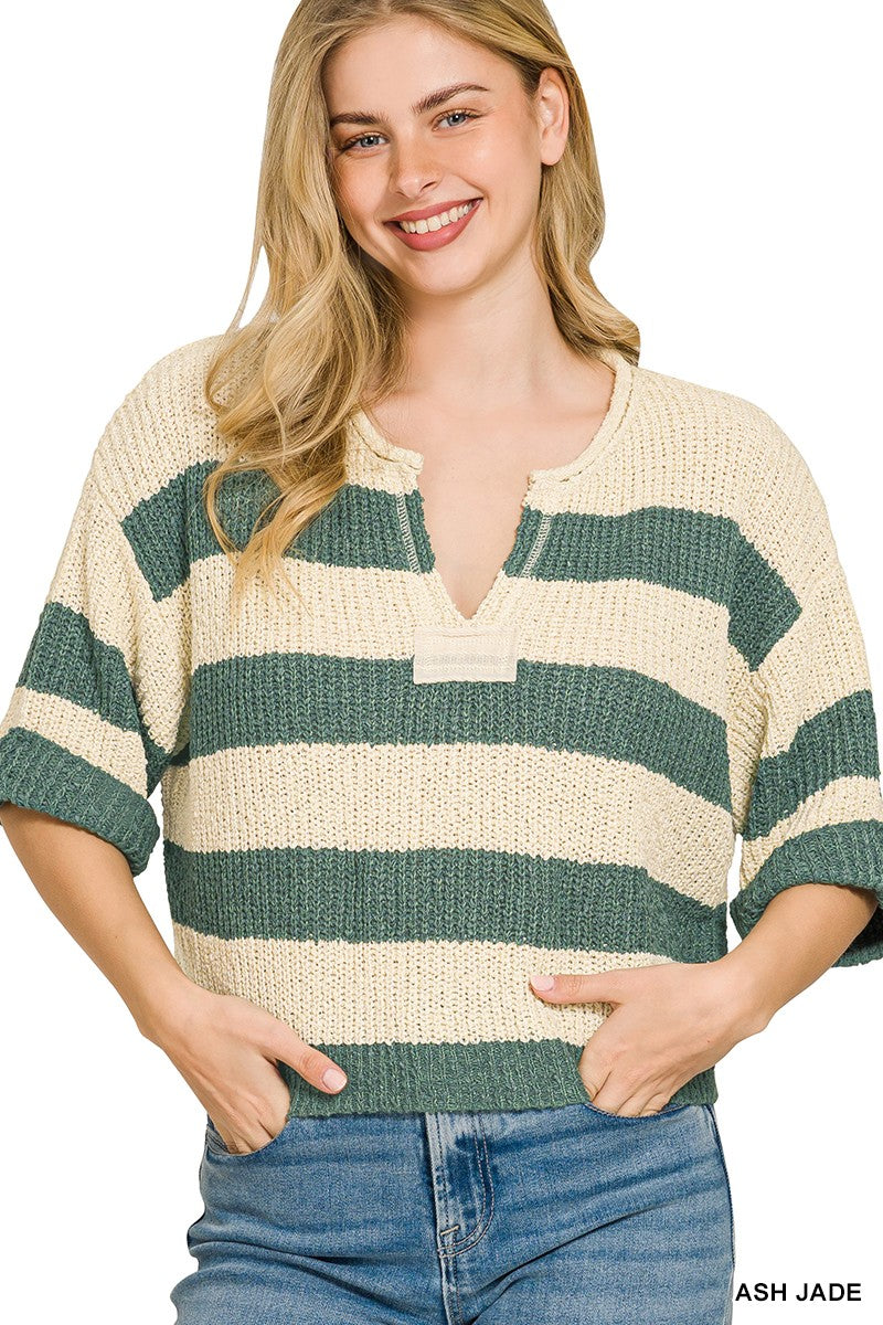 ZENANA Split Neck Stripe Sweater on Simply Obsessed