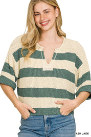 ZENANA Split Neck Stripe Sweater on Simply Obsessed