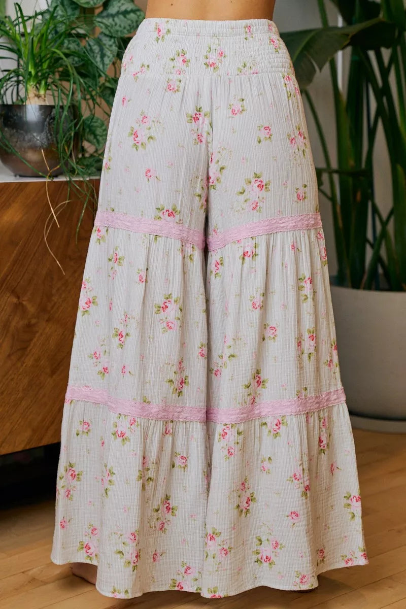 BIBI Rose Printed Gauze Trim Detail Smocked Maxi Pants on Simply Obsessed