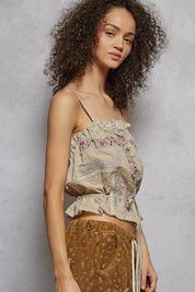 POL Button Down Floral Embroidered Cropped Cami with Lace Detail on Simply Obsessed
