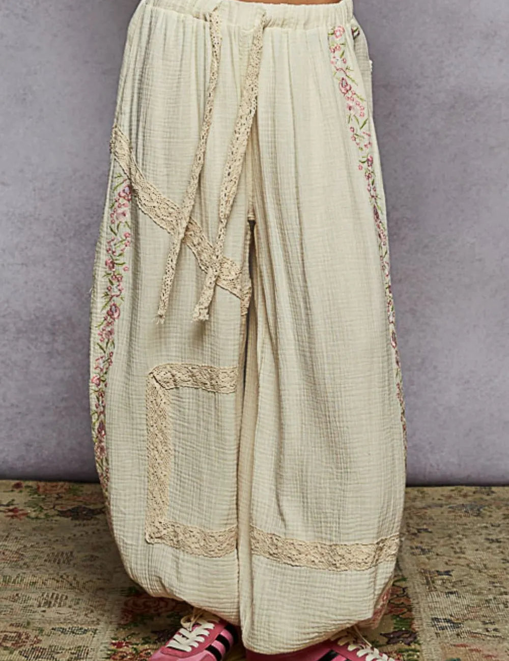 POL Floral Embroidered Drawstring Joggers with Lace Trim on Simply Obsessed