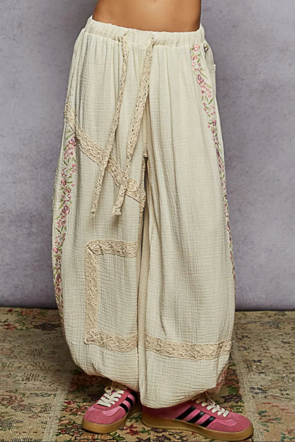 POL Floral Embroidered Drawstring Joggers with Lace Trim on Simply Obsessed