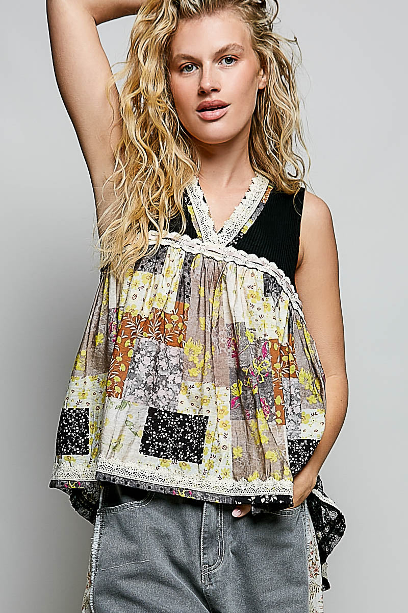 POL Floral V-Neck Sheer Tank with Lace Trim on Simply Obsessed