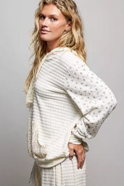 POL Mixed Knit Contrast Print Sleeve Hoodie with Kangaroo Pocket on Simply Obsessed